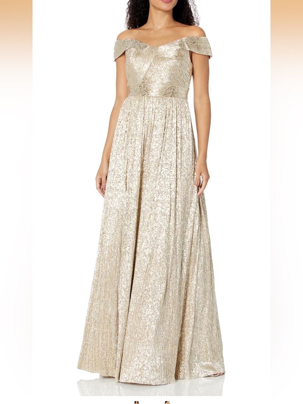 NWT Aidan Mattox Adrianna Papell Off-Shoulder Metallic Gold Silver Evening Gown
